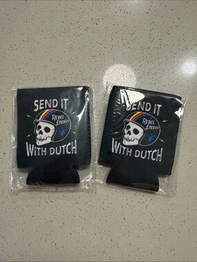 Dutch Bros Black Can Cooler with Skull Rebel Energy Graphic